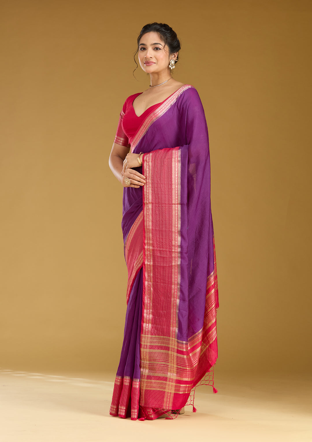 Purple Cotton Plain Gold Zariwork Saree With Matching Blouse Piece