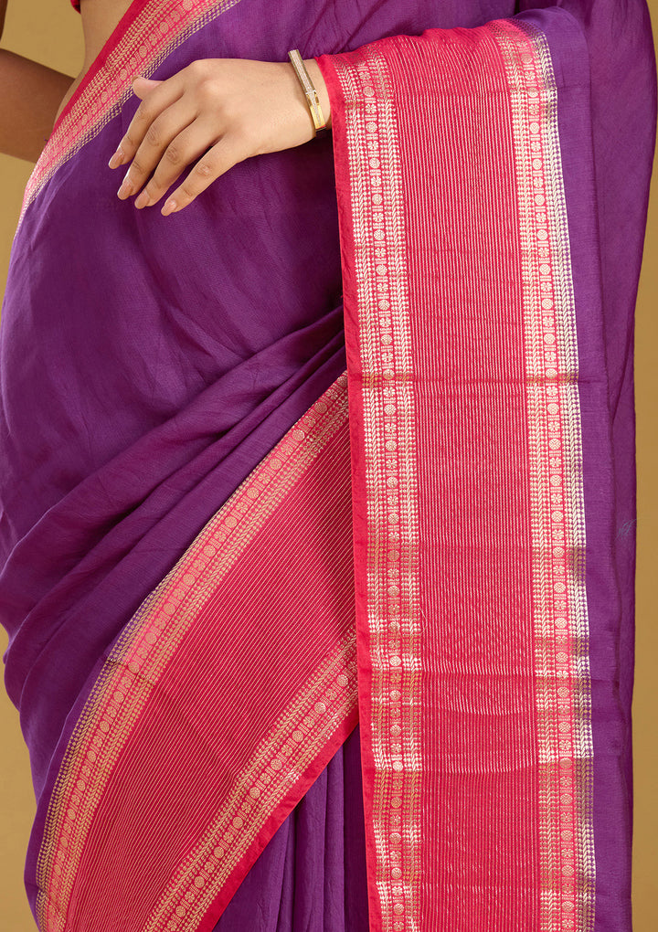 Purple Cotton Plain Gold Zariwork Saree With Matching Blouse Piece