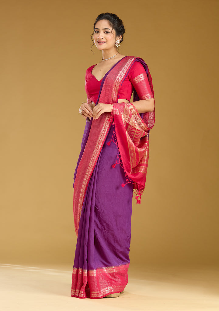 Purple Cotton Plain Gold Zariwork Saree With Matching Blouse Piece