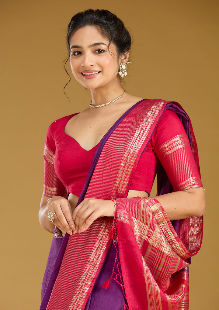 Purple Cotton Plain Gold Zariwork Saree With Matching Blouse Piece