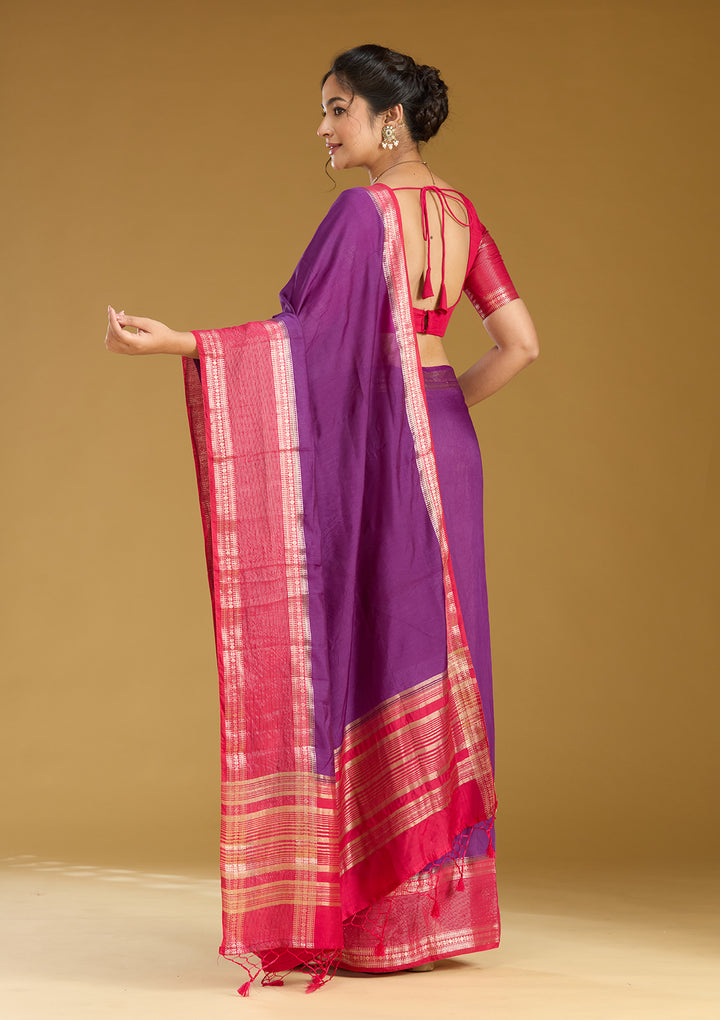 Purple Cotton Plain Gold Zariwork Saree With Matching Blouse Piece