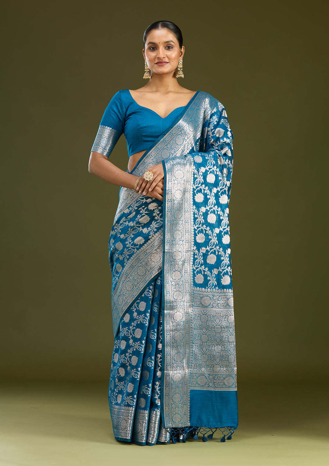 Peacock Blue Cotton Jaal Zariwork Saree With Matching Blouse Piece