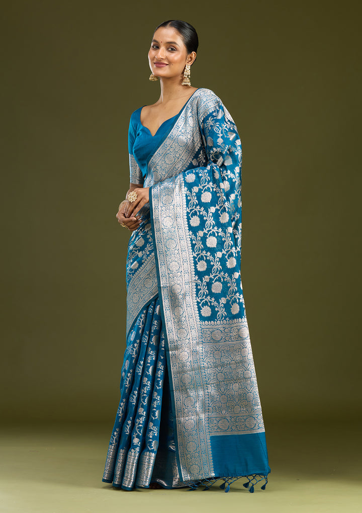 Peacock Blue Cotton Jaal Zariwork Saree With Matching Blouse Piece
