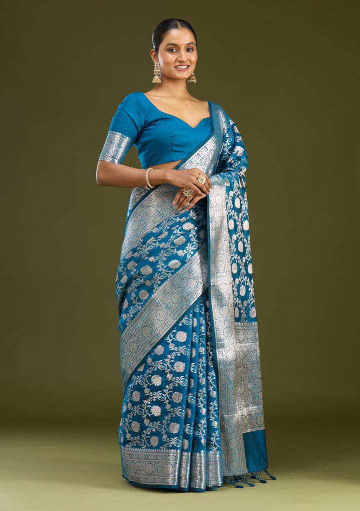Peacock Blue Cotton Jaal Zariwork Saree With Matching Blouse Piece