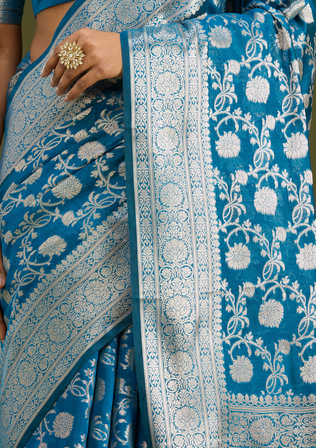 Peacock Blue Cotton Jaal Zariwork Saree With Matching Blouse Piece