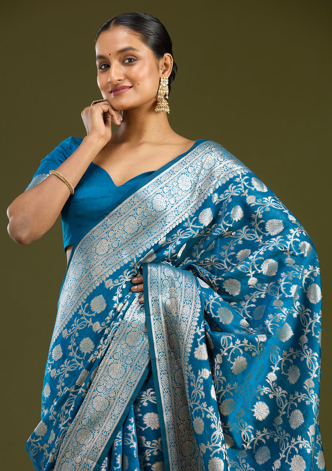 Peacock Blue Cotton Jaal Zariwork Saree With Matching Blouse Piece