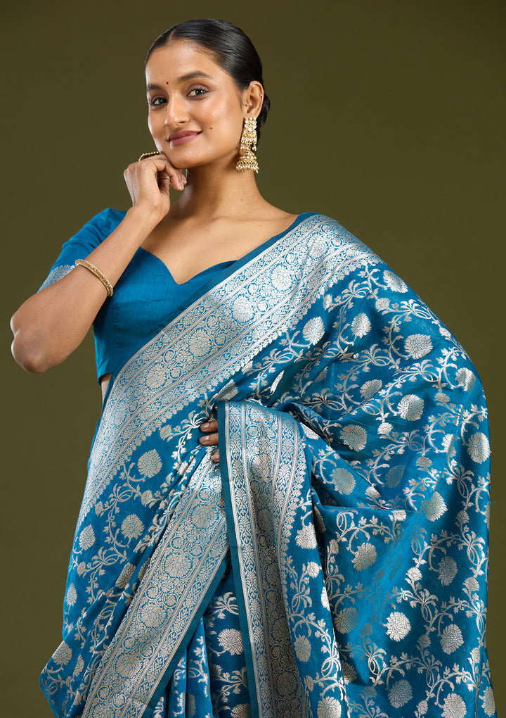Peacock Blue Cotton Jaal Zariwork Saree With Matching Blouse Piece