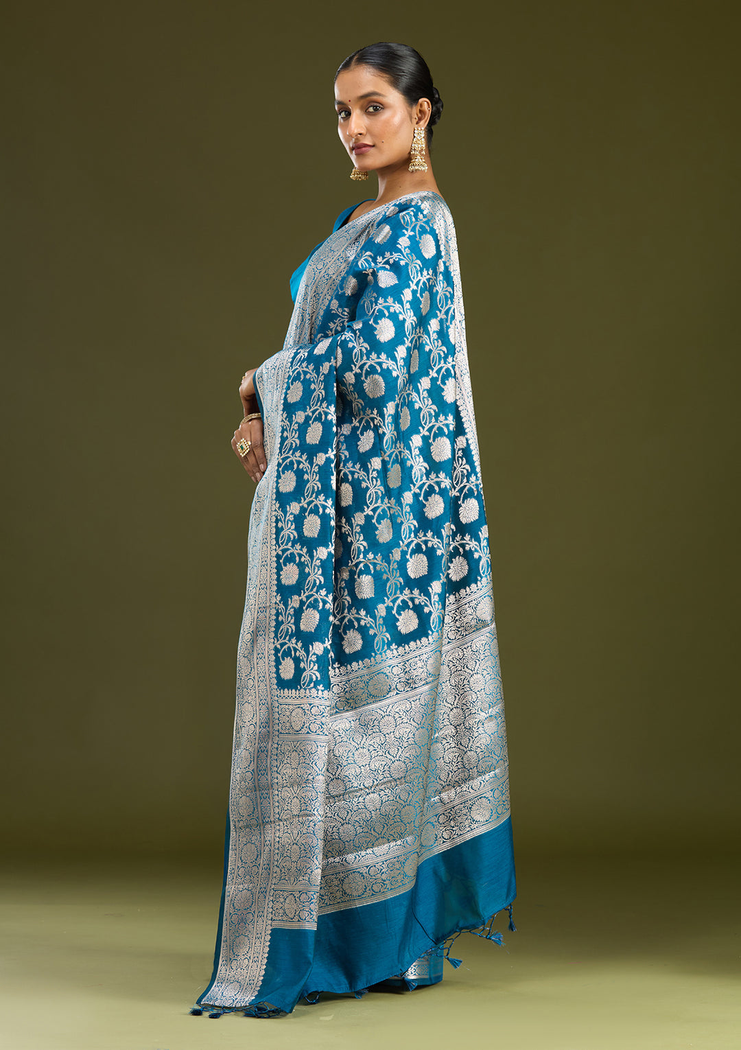 Peacock Blue Cotton Jaal Zariwork Saree With Matching Blouse Piece