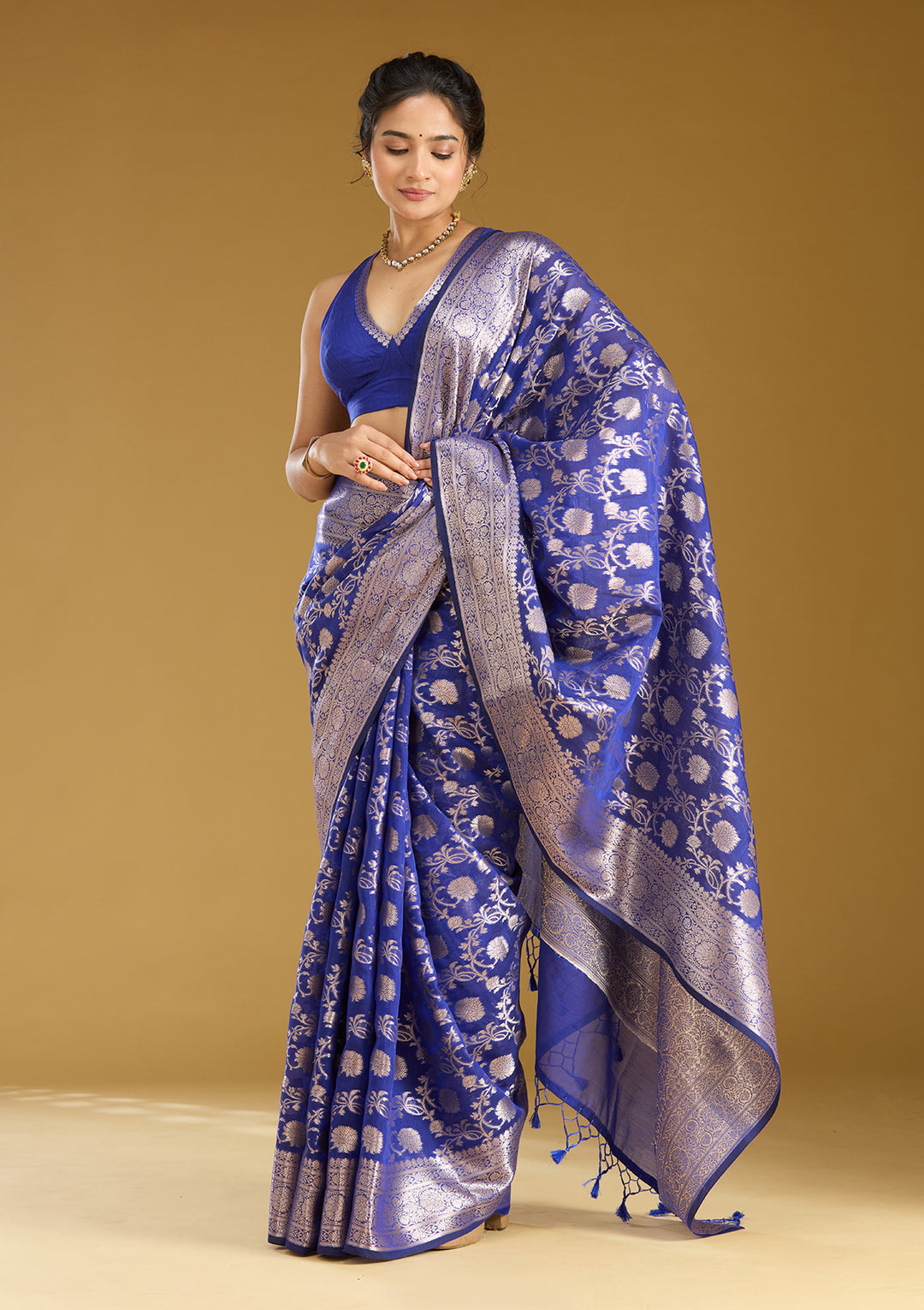 Royal Blue Cotton Jaal Zariwork Saree With Matching Blouse Piece