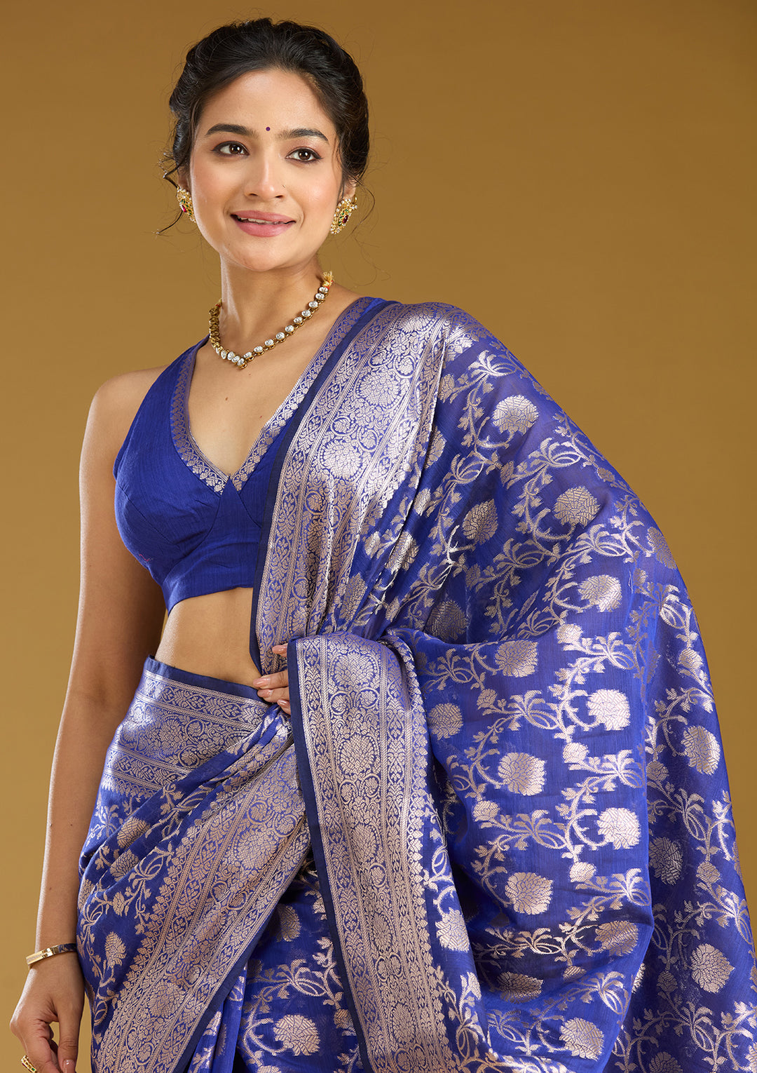 Royal Blue Cotton Jaal Zariwork Saree With Matching Blouse Piece