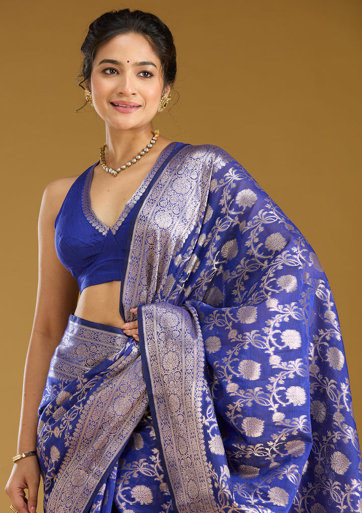 Royal Blue Cotton Jaal Zariwork Saree With Matching Blouse Piece