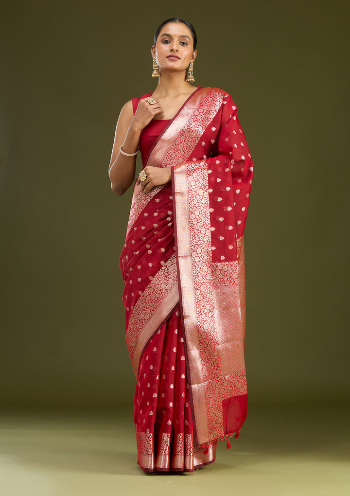 Red Cotton Buti Zariwork Saree With Matching Blouse Piece