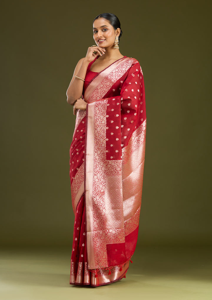 Red Cotton Buti Zariwork Saree With Matching Blouse Piece
