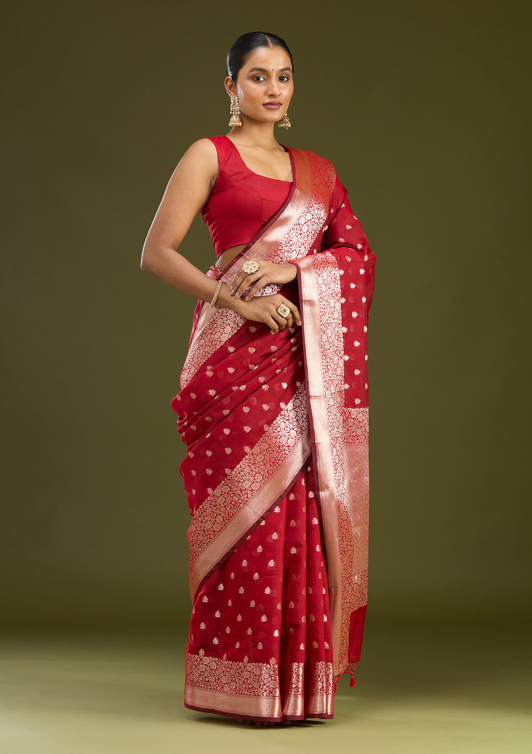 Red Cotton Buti Zariwork Saree With Matching Blouse Piece