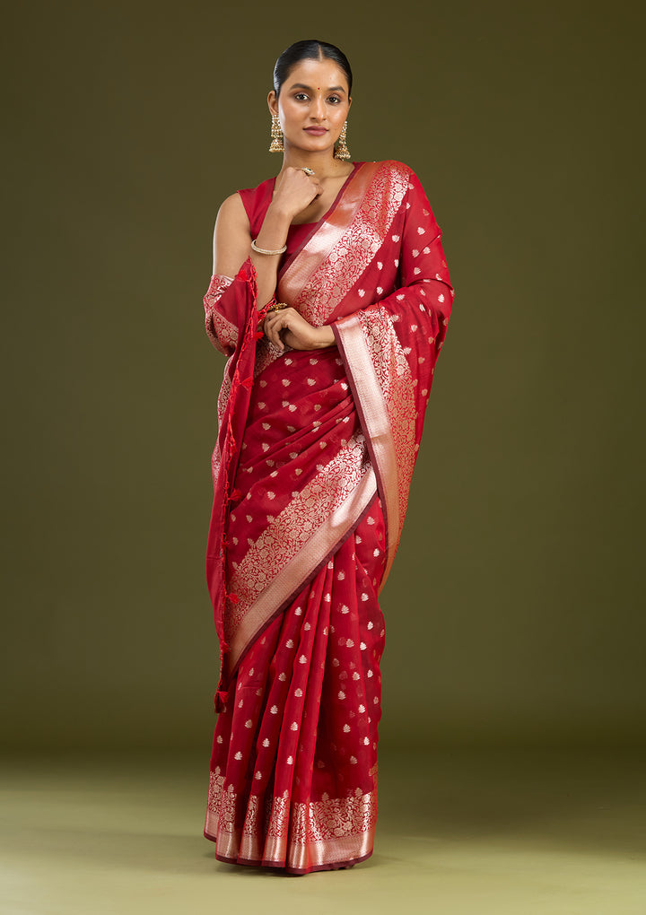 Red Cotton Buti Zariwork Saree With Matching Blouse Piece