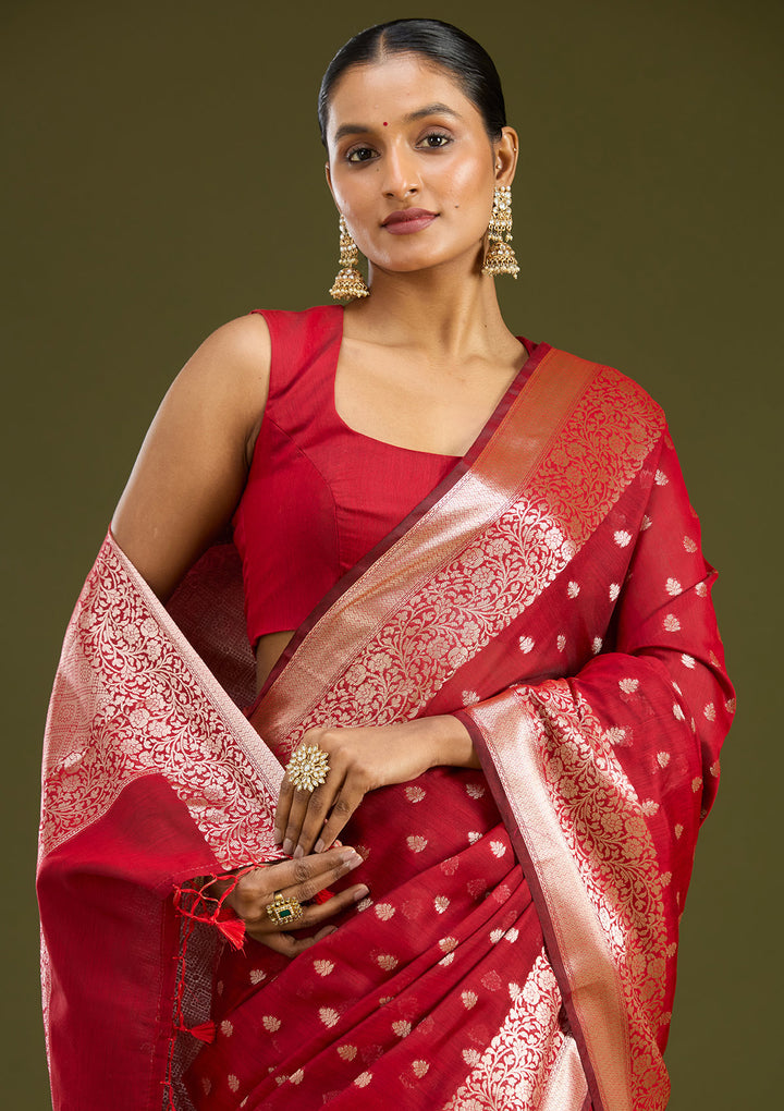 Red Cotton Buti Zariwork Saree With Matching Blouse Piece