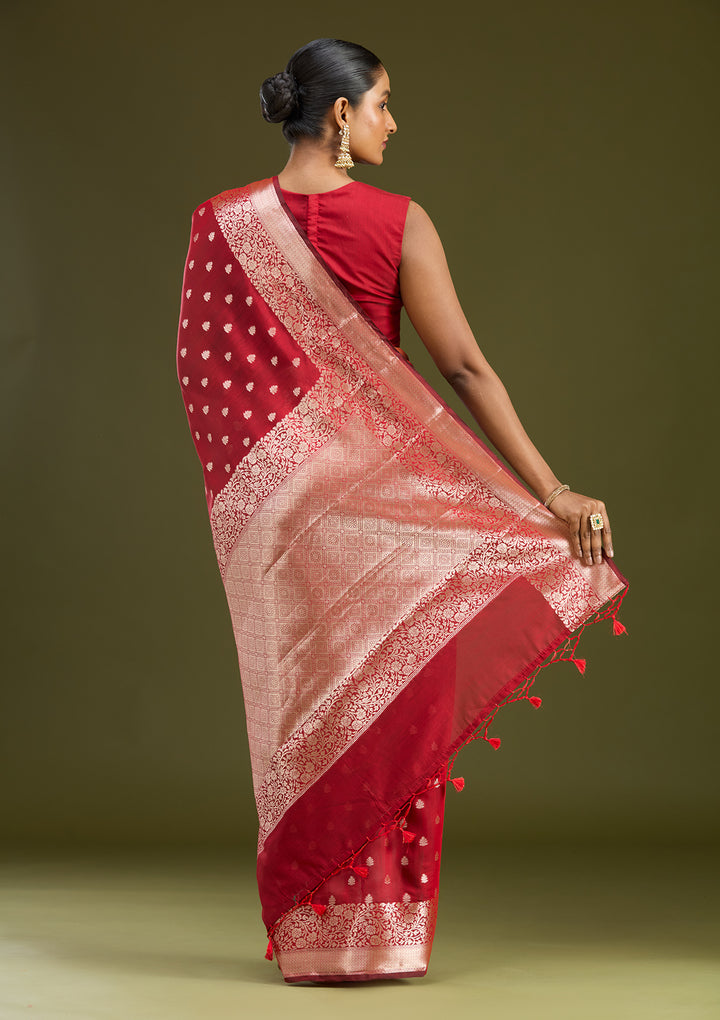 Red Cotton Buti Zariwork Saree With Matching Blouse Piece