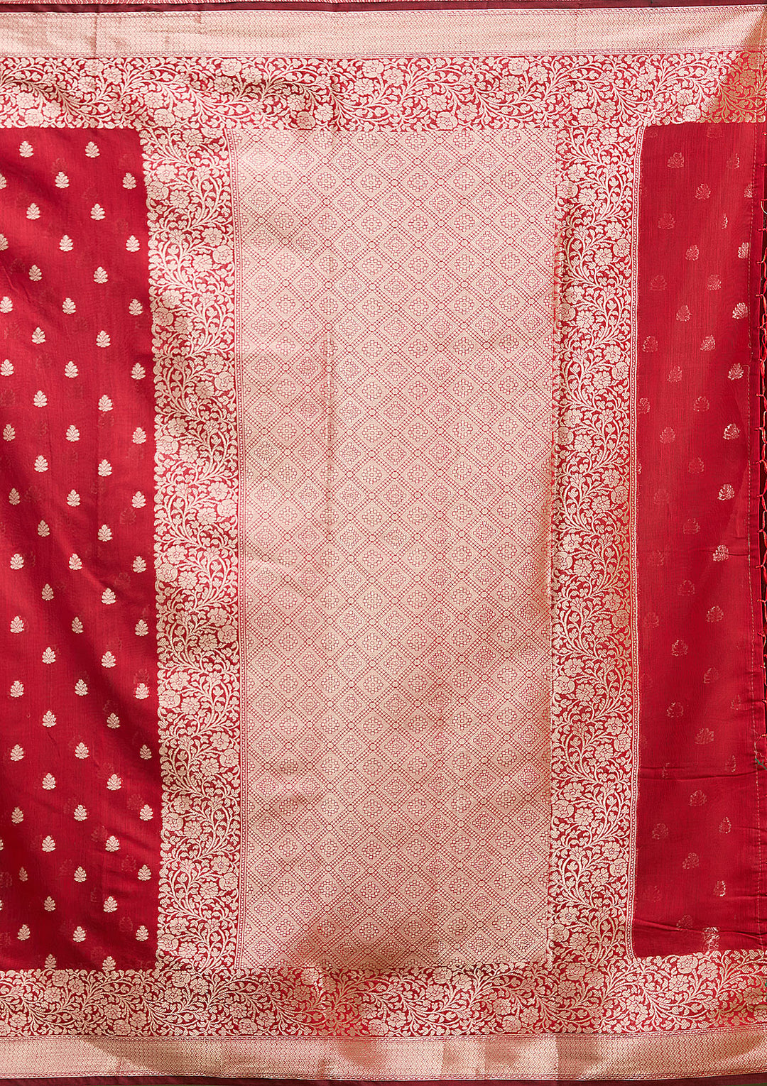 Red Cotton Buti Zariwork Saree With Matching Blouse Piece