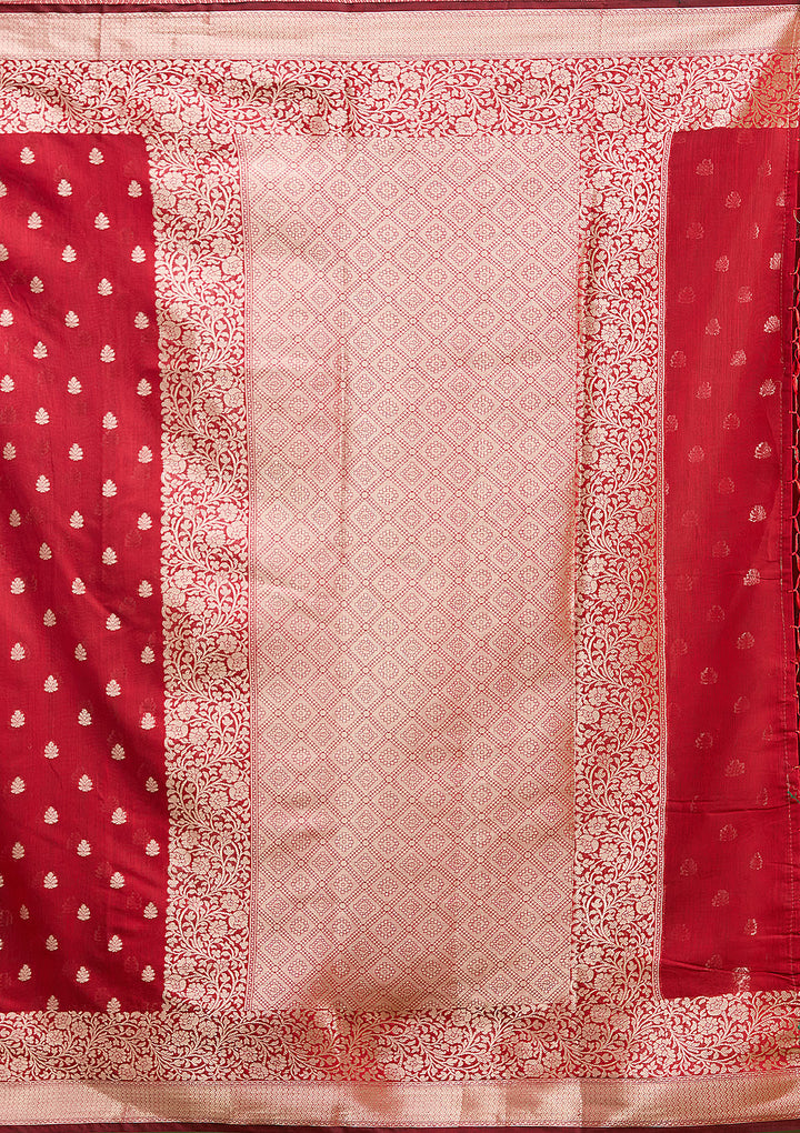 Red Cotton Buti Zariwork Saree With Matching Blouse Piece