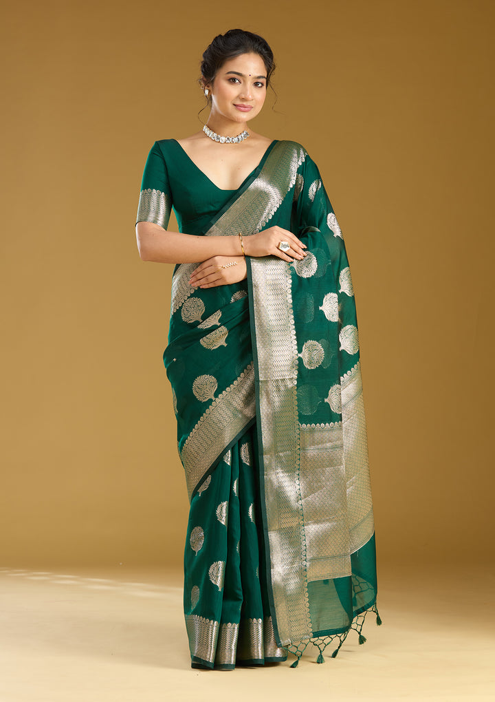 Bottle Green Cotton Buti Gold Zariwork Saree With Matching Blouse Piece