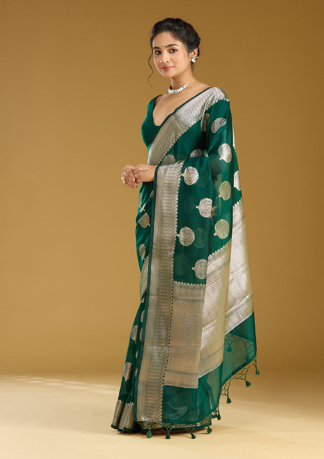 Bottle Green Cotton Buti Gold Zariwork Saree With Matching Blouse Piece