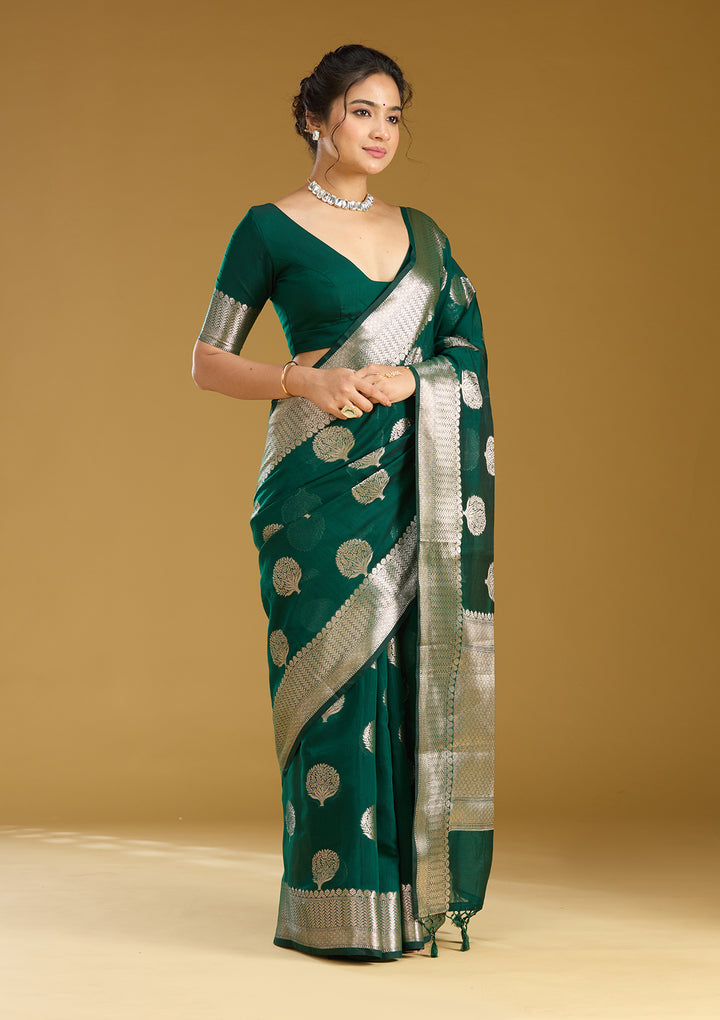 Bottle Green Cotton Buti Gold Zariwork Saree With Matching Blouse Piece