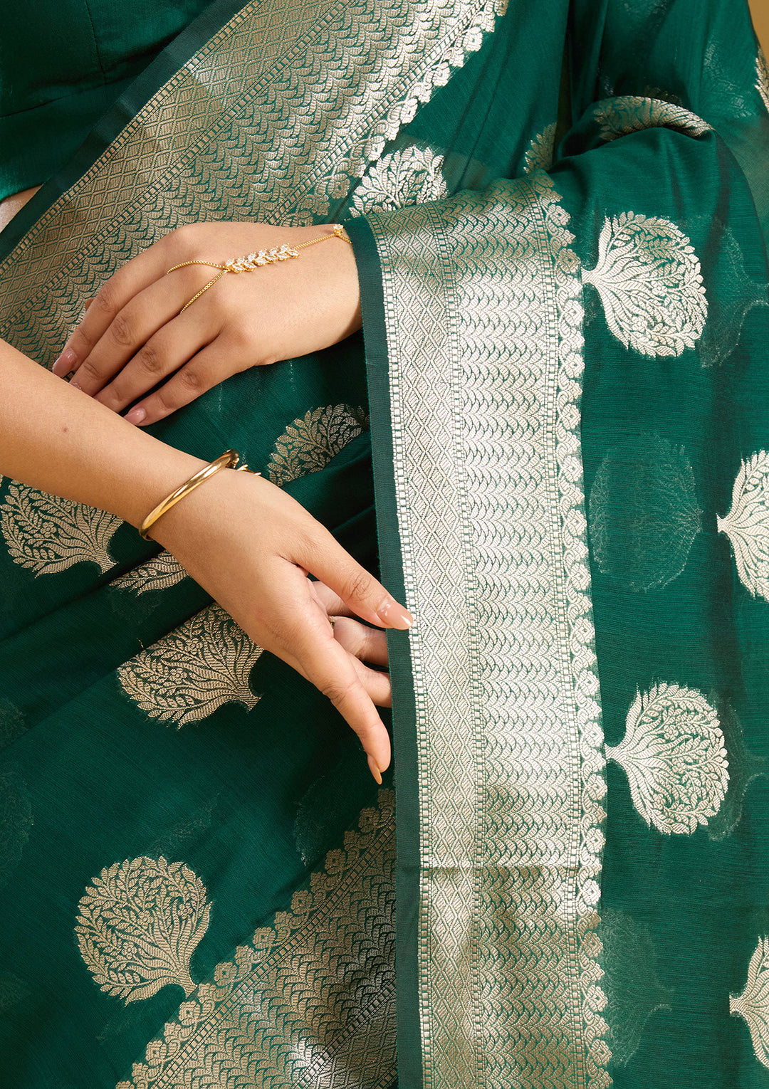 Bottle Green Cotton Buti Gold Zariwork Saree With Matching Blouse Piece