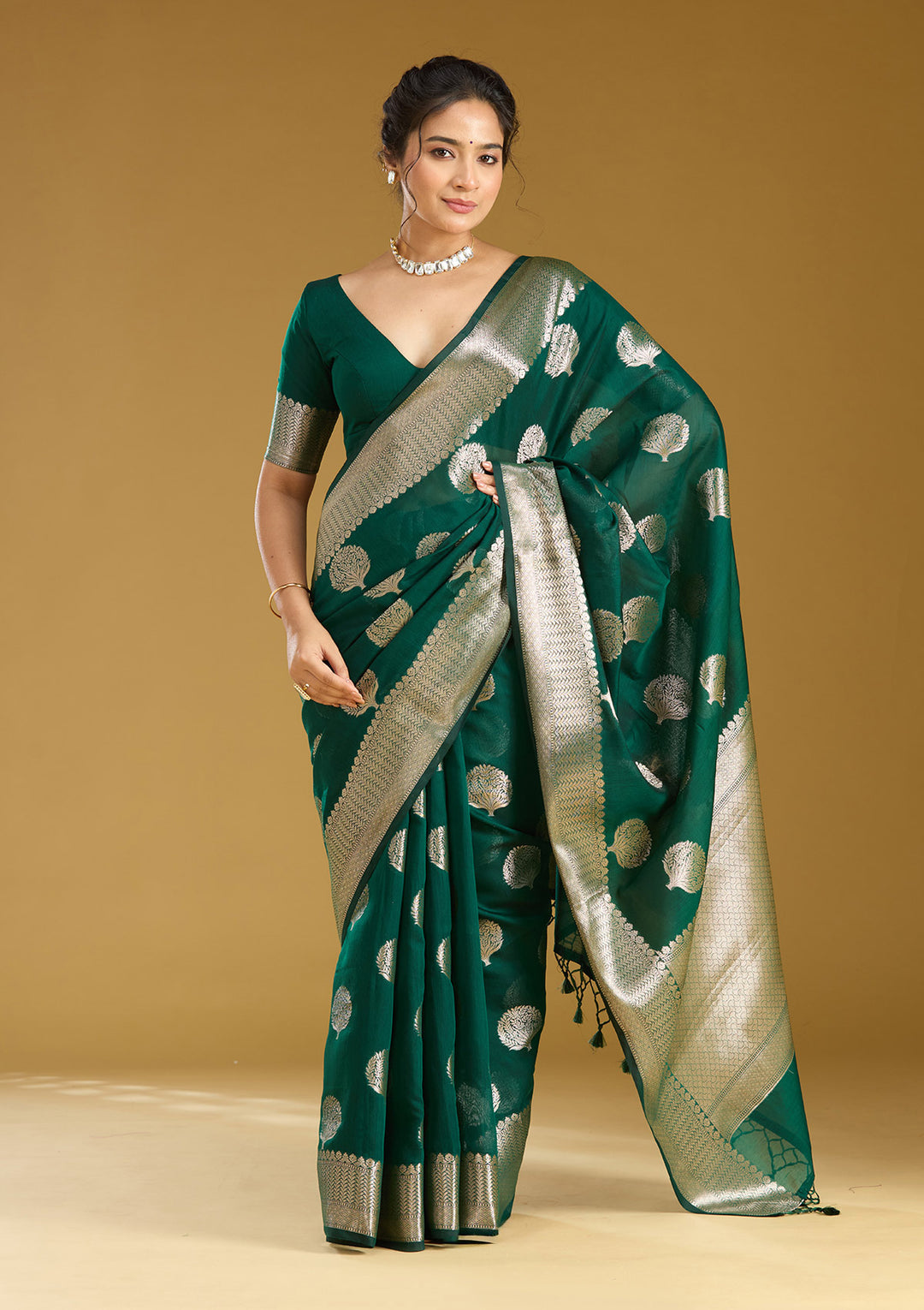 Bottle Green Cotton Buti Gold Zariwork Saree With Matching Blouse Piece