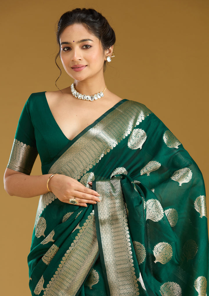 Bottle Green Cotton Buti Gold Zariwork Saree With Matching Blouse Piece