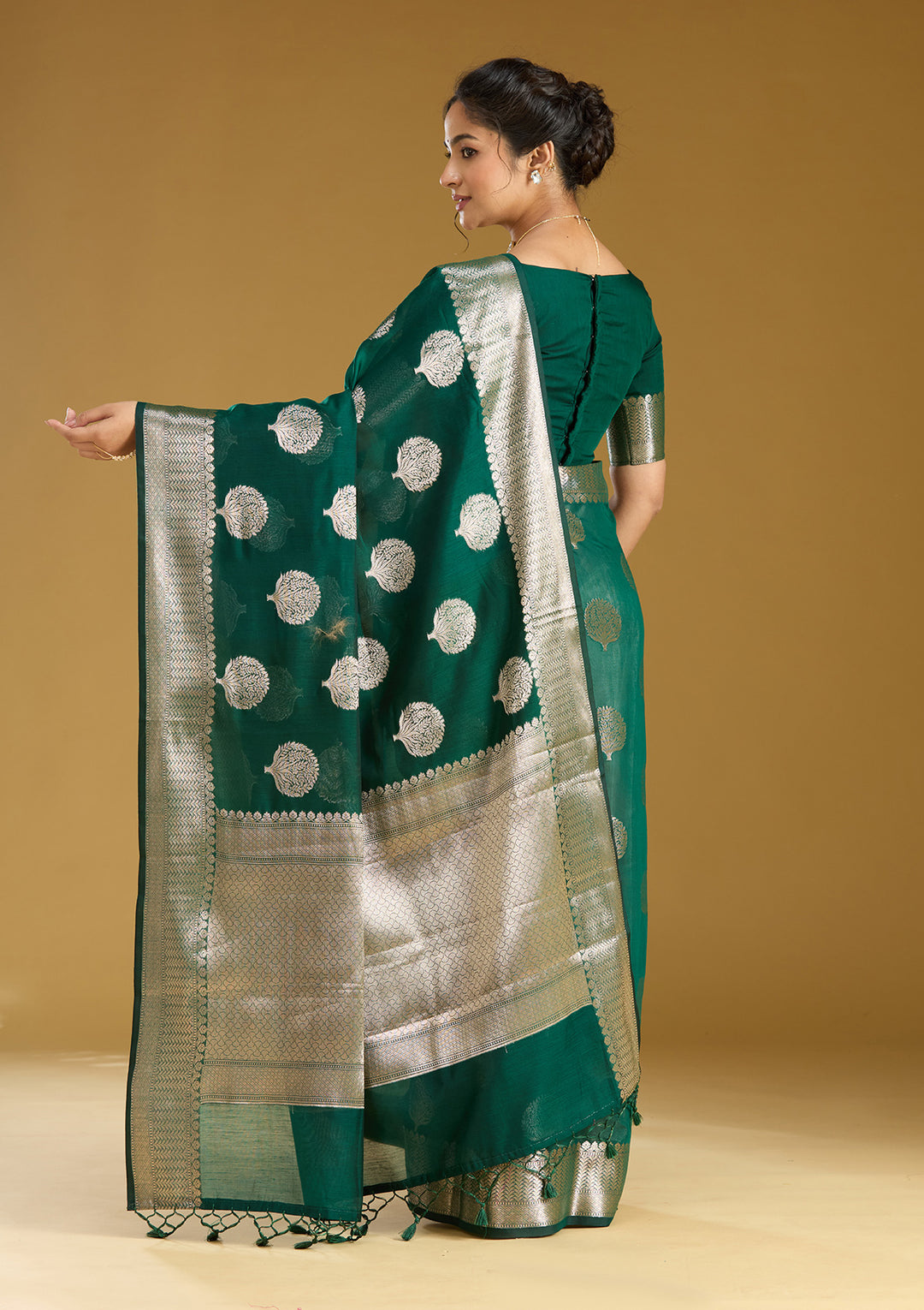Bottle Green Cotton Buti Gold Zariwork Saree With Matching Blouse Piece