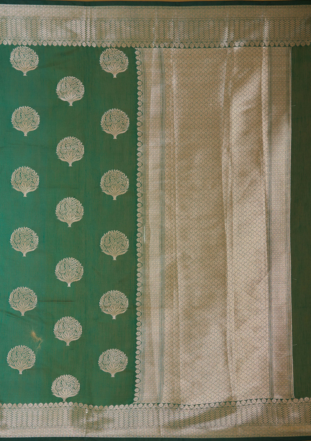 Bottle Green Cotton Buti Gold Zariwork Saree With Matching Blouse Piece