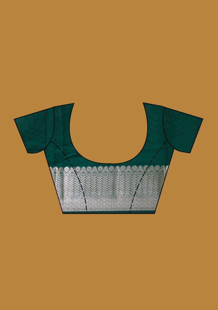 Bottle Green Cotton Buti Gold Zariwork Saree With Matching Blouse Piece