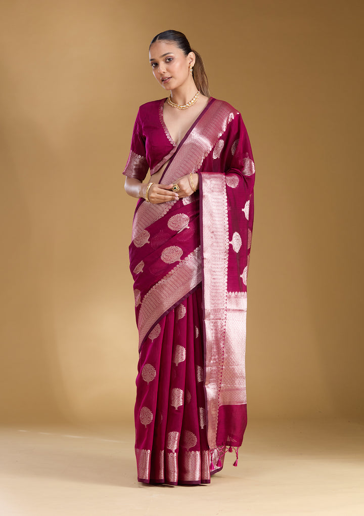 Magenta Pink Cotton Buti Gold Zariwork Saree With Matching Blouse Piece