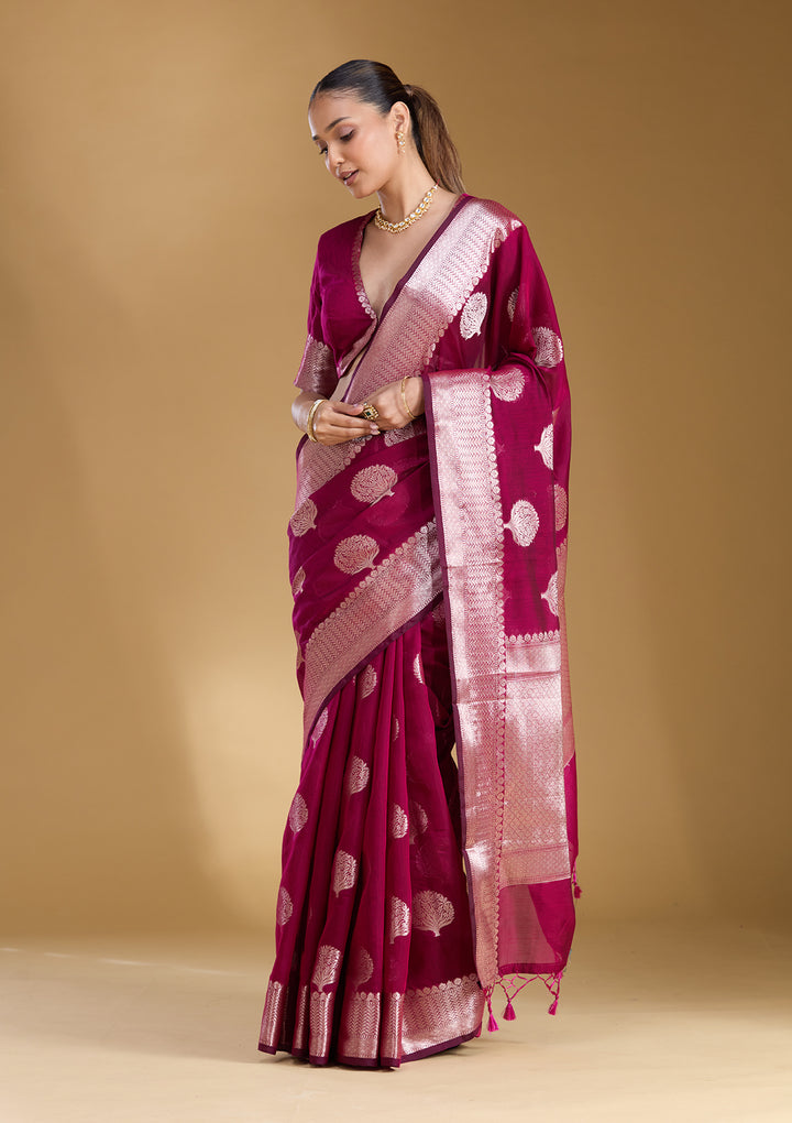 Magenta Pink Cotton Buti Gold Zariwork Saree With Matching Blouse Piece