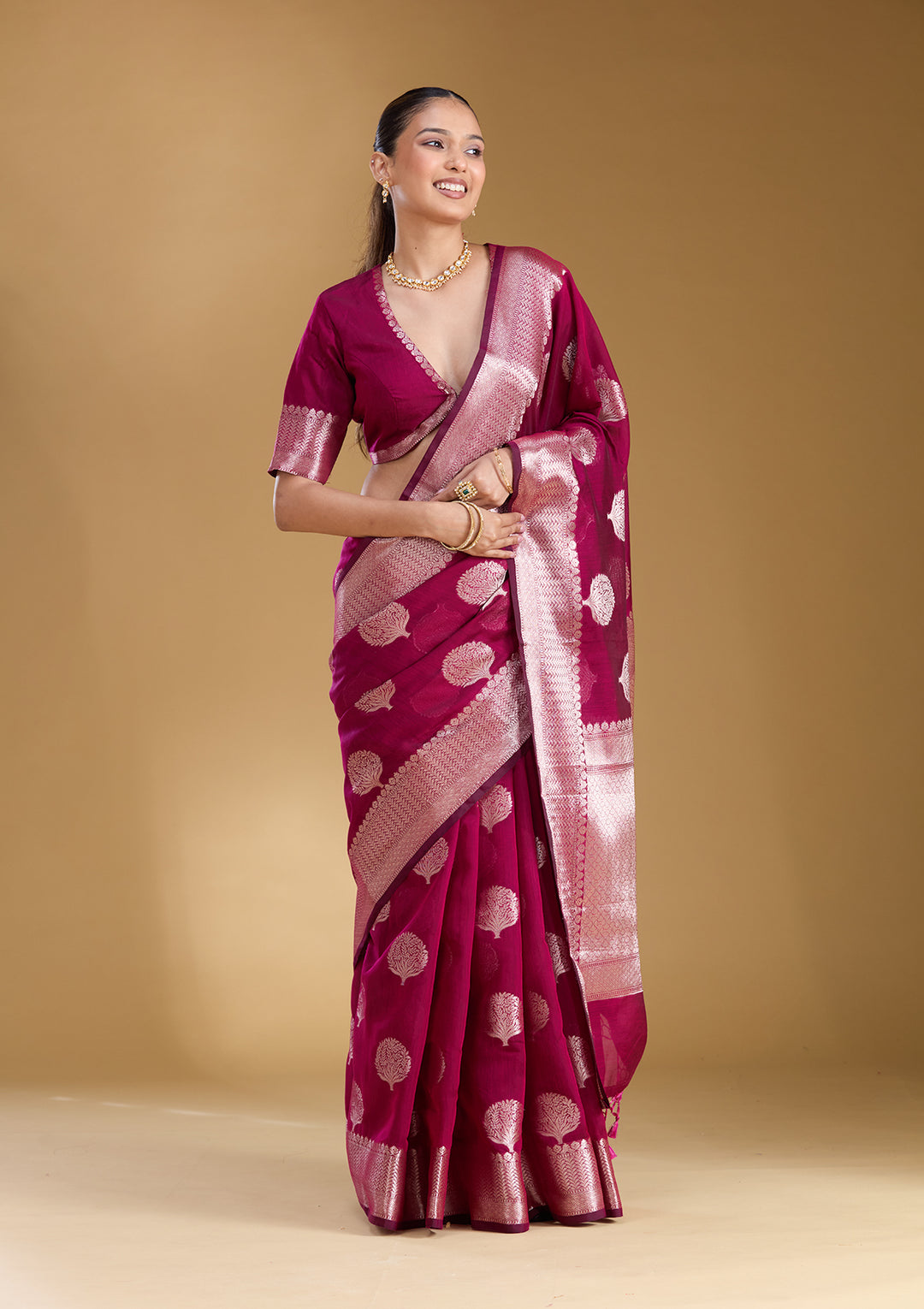Magenta Pink Cotton Buti Gold Zariwork Saree With Matching Blouse Piece