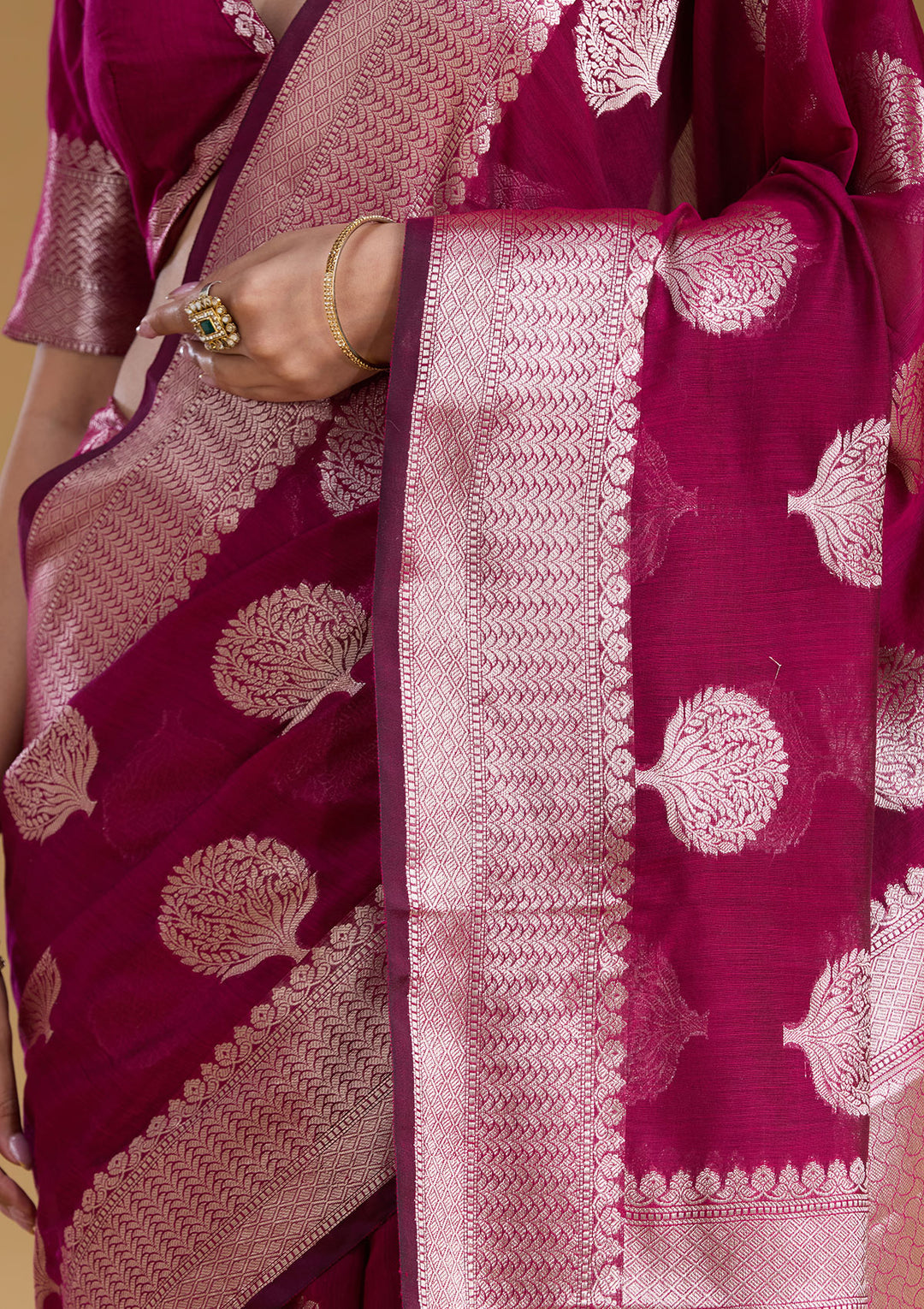 Magenta Pink Cotton Buti Gold Zariwork Saree With Matching Blouse Piece