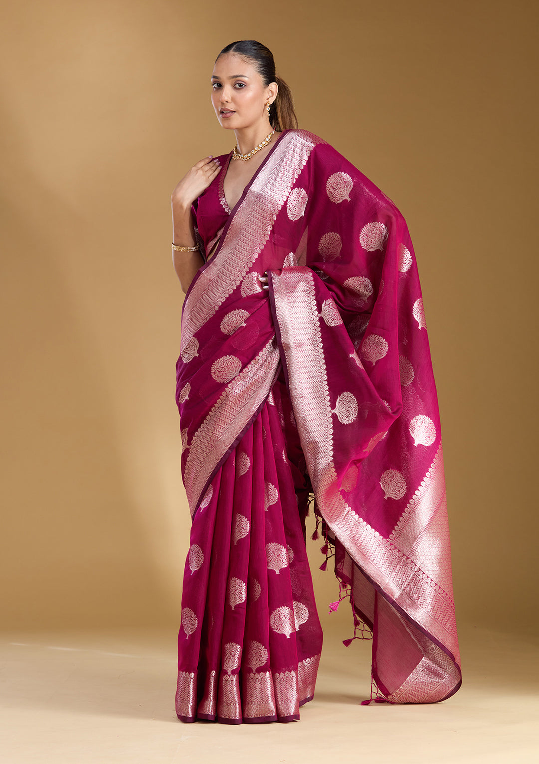 Magenta Pink Cotton Buti Gold Zariwork Saree With Matching Blouse Piece