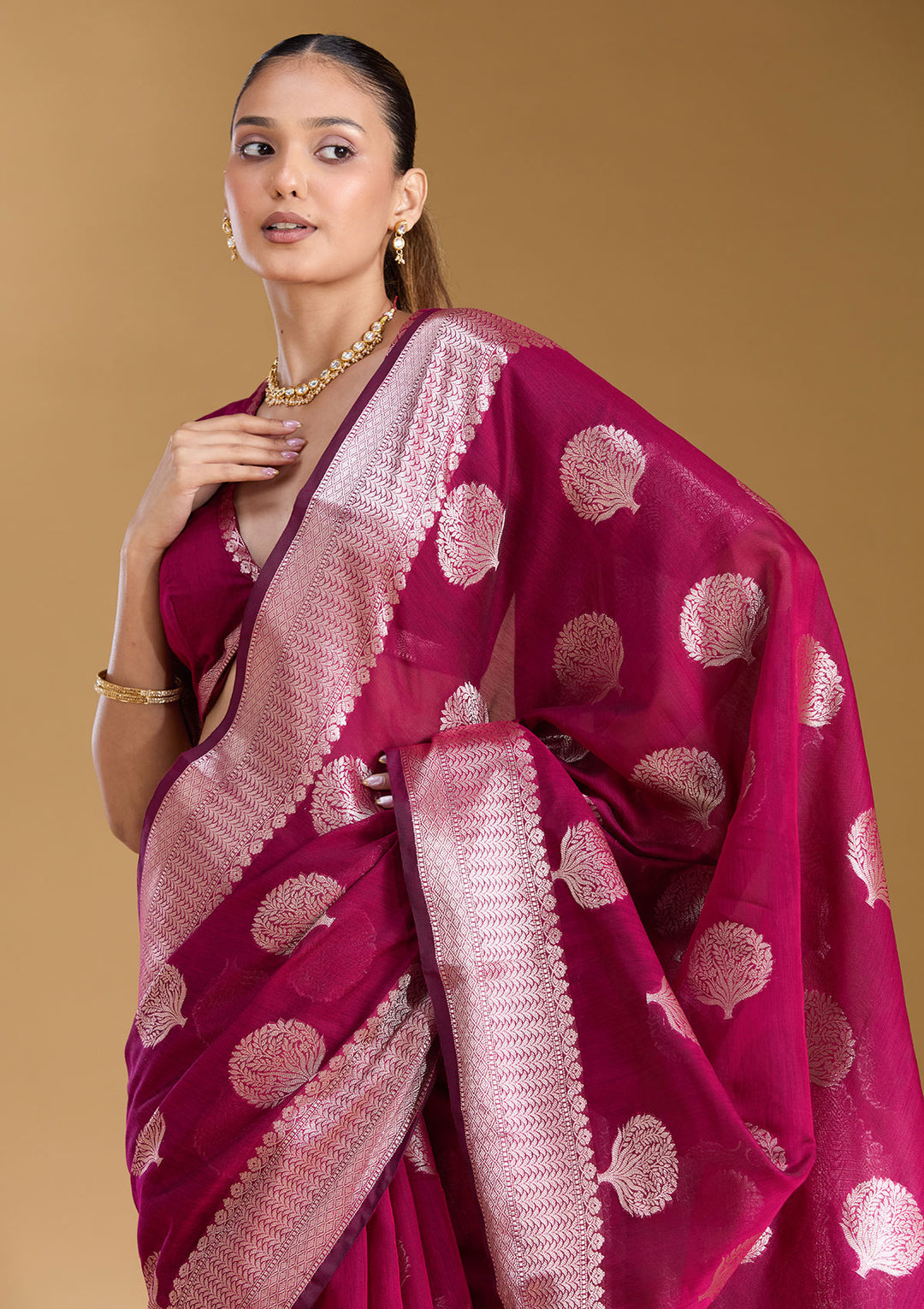 Magenta Pink Cotton Buti Gold Zariwork Saree With Matching Blouse Piece