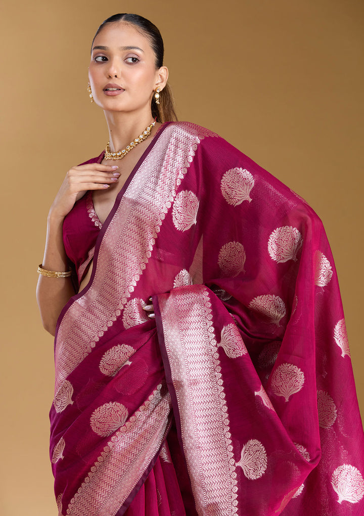 Magenta Pink Cotton Buti Gold Zariwork Saree With Matching Blouse Piece
