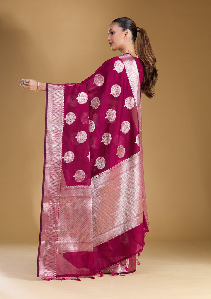 Magenta Pink Cotton Buti Gold Zariwork Saree With Matching Blouse Piece