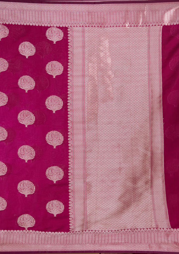 Magenta Pink Cotton Buti Gold Zariwork Saree With Matching Blouse Piece
