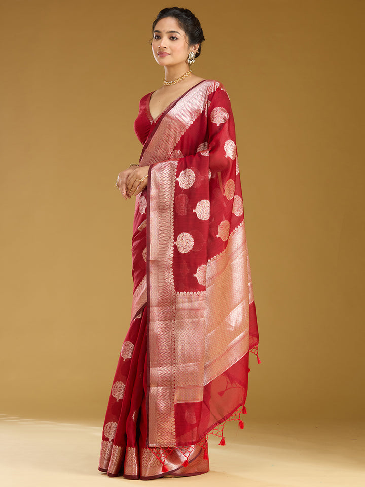 Red Cotton Buti Gold Zariwork Saree With Matching Blouse Piece