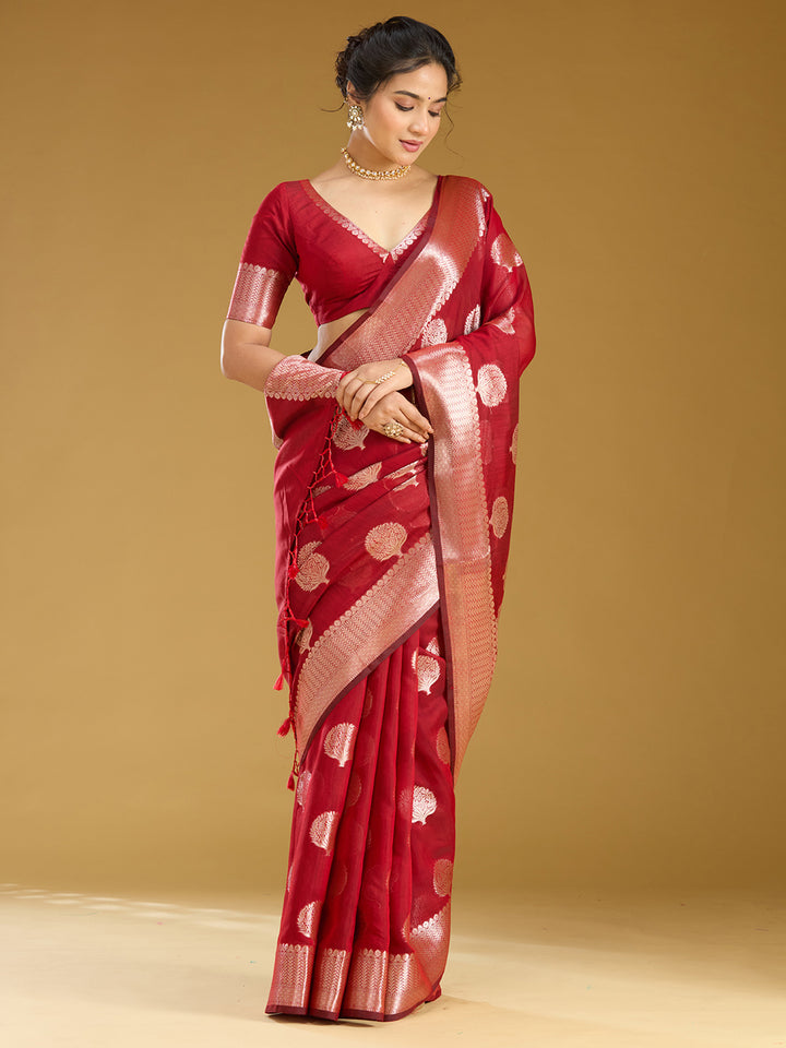 Red Cotton Buti Gold Zariwork Saree With Matching Blouse Piece