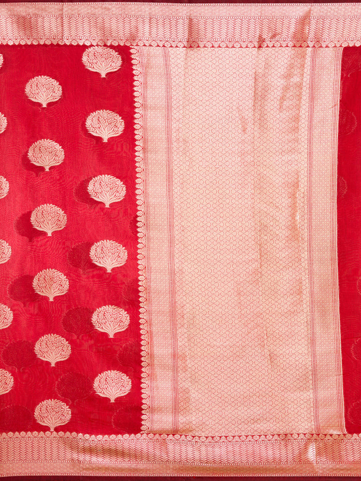 Red Cotton Buti Gold Zariwork Saree With Matching Blouse Piece