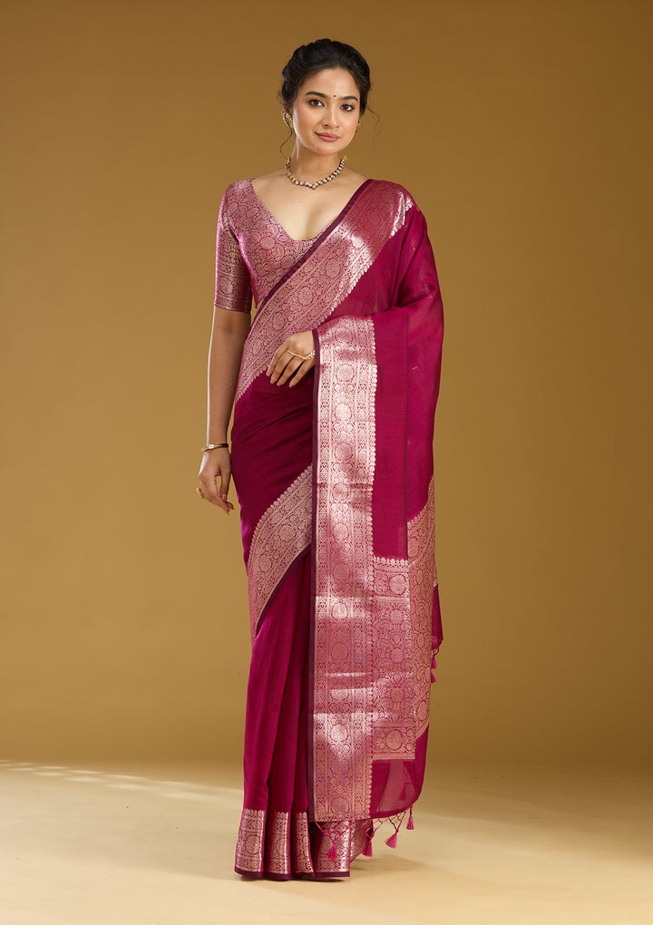 Magenta Pink Cotton Plain Gold Zariwork Saree With Matching Blouse Piece