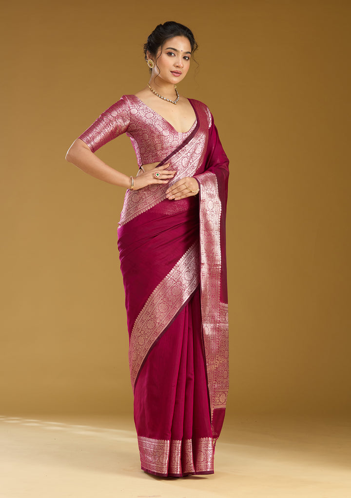 Magenta Pink Cotton Plain Gold Zariwork Saree With Matching Blouse Piece