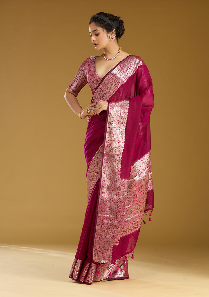 Magenta Pink Cotton Plain Gold Zariwork Saree With Matching Blouse Piece