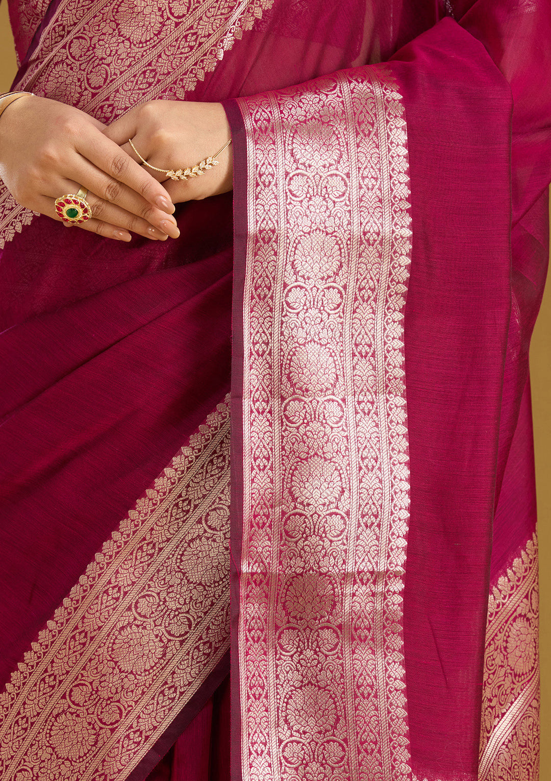 Magenta Pink Cotton Plain Gold Zariwork Saree With Matching Blouse Piece