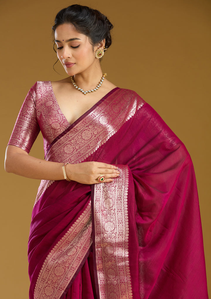 Magenta Pink Cotton Plain Gold Zariwork Saree With Matching Blouse Piece
