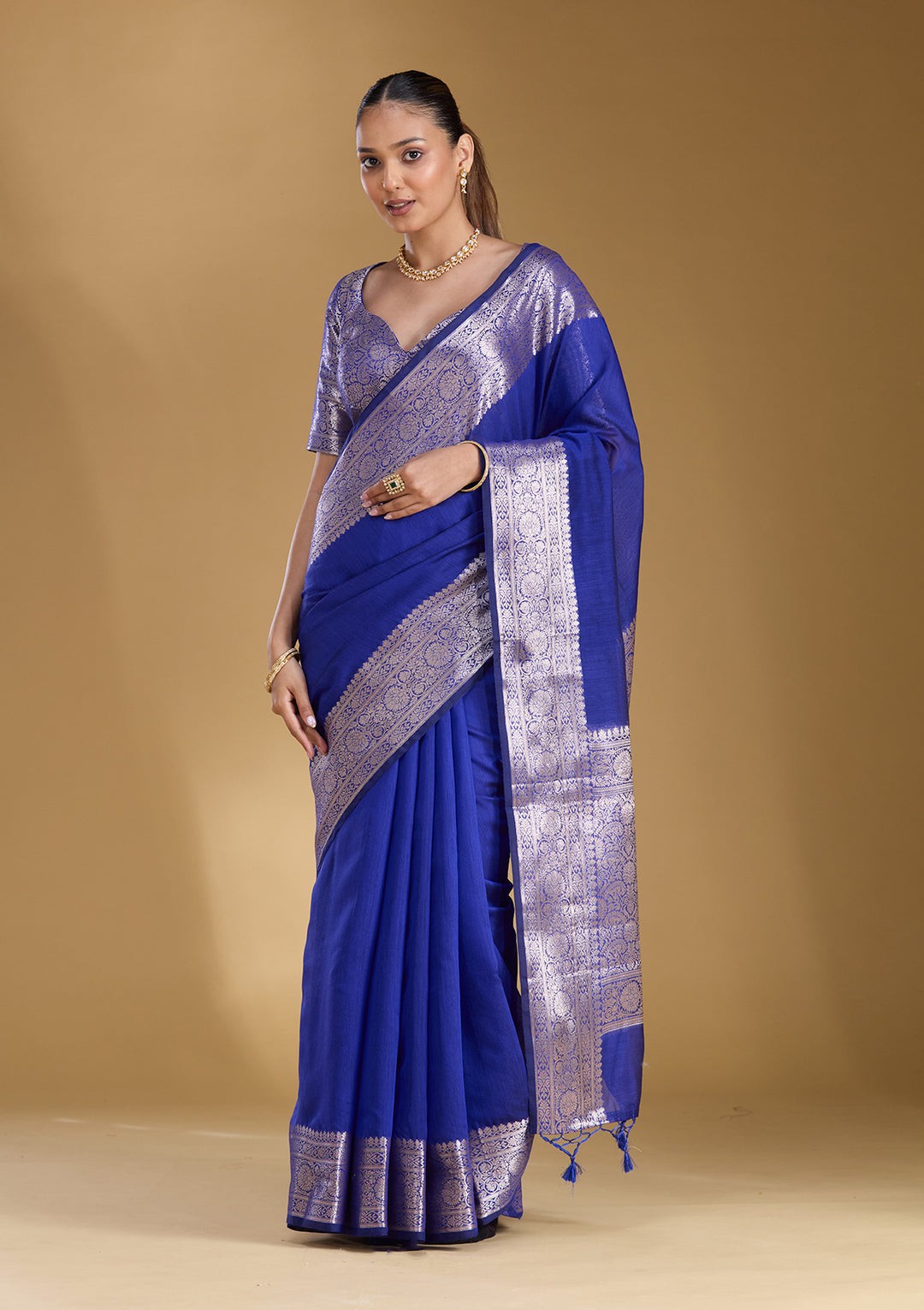 Royal Blue Cotton Plain Gold Zariwork Saree With Matching Blouse Piece